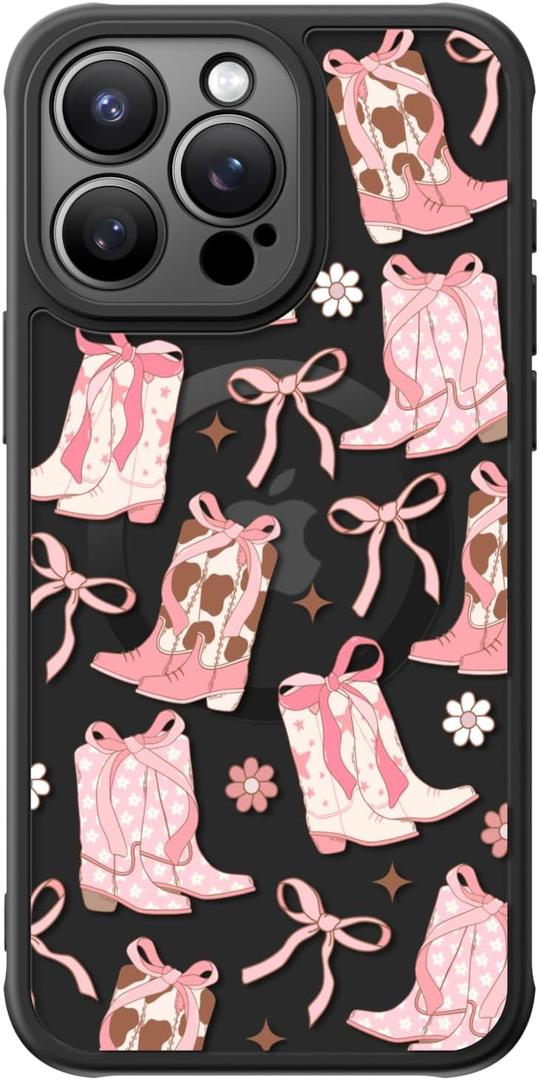 FUNMIKO for iPhone 15 Pro Case Wireless Charging & Military-Grade Protection - Cute Floral Design for Women Girls, Non-Slip Matte Cover with Shockproof Corners - Boots and Bows
