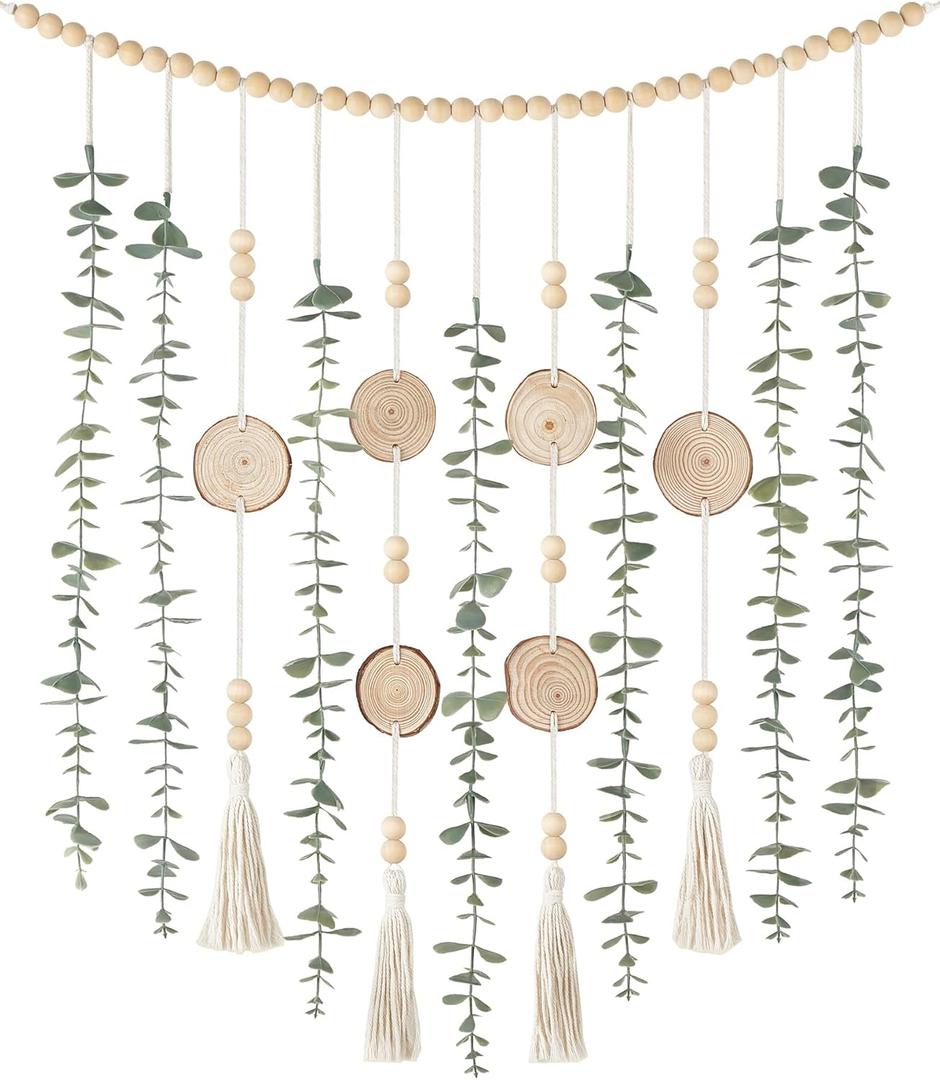 Dahey Hanging Artificial Plant Eucalyptus Wall Decor 31'' Wooden Bead Garland with Fake Greenery Leaves Boho Rustic Farmhouse Wall Art for Bathroom Office Living Dining Room Bedroom Kitchen Decoration