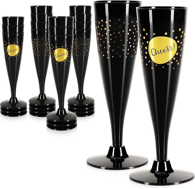 com-four® 16x Reusable Champagne Glasses - Black, Stackable Plastic Champagne Flutes for Parties, Camping, and on The go - Reusable Champagne Glasses Dishwasher-Safe [Selection Varies]