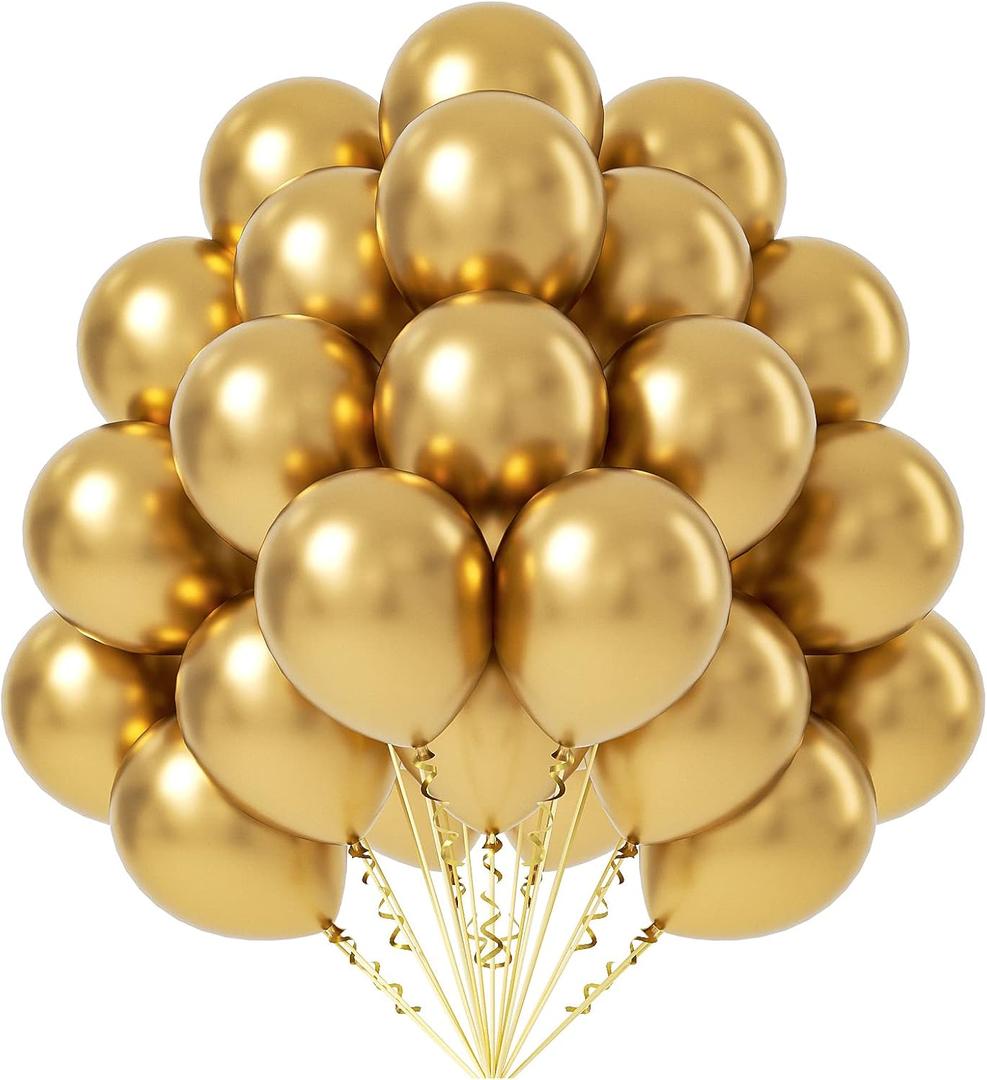 FOTIOMRG Metallic Gold Balloons 12 inch, 50 Pack Chrome Gold Latex Party Balloons Helium Quality for Birthday Graduation Baby Shower Wedding Party Decorations (with Gold Ribbon)