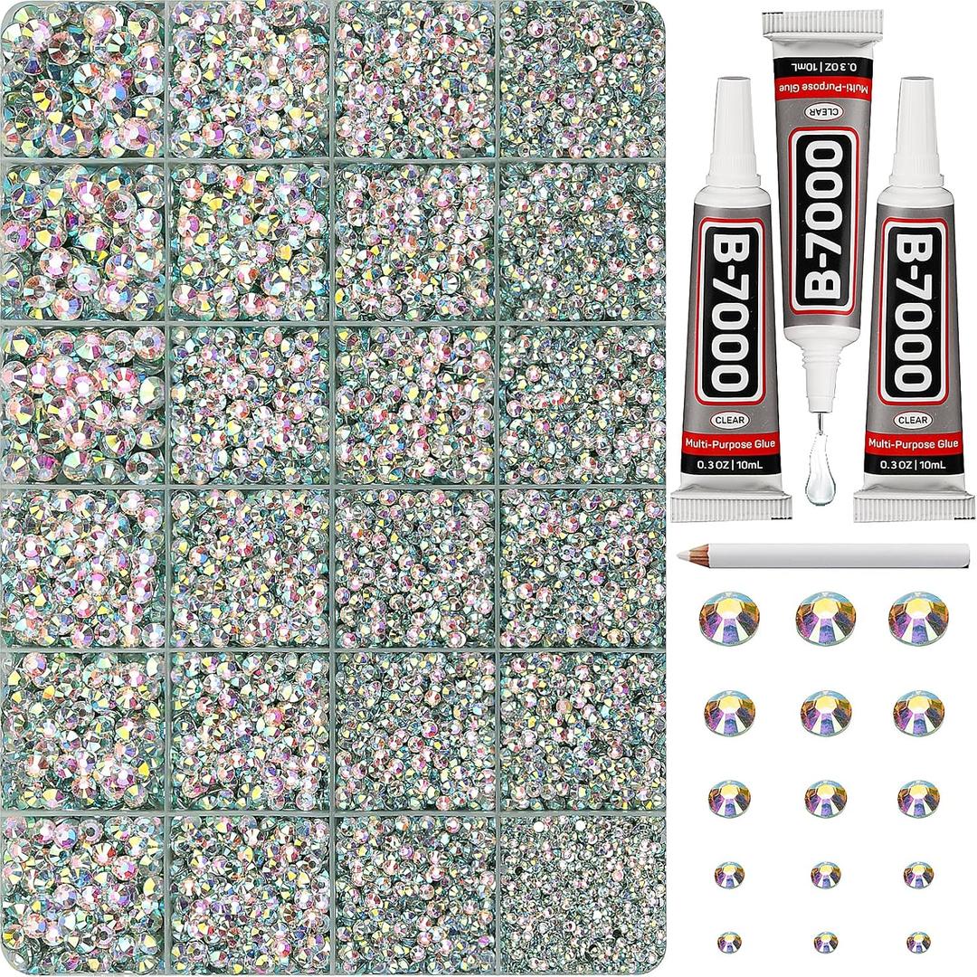 33000Pcs Crystal AB Iridescent Rhinestones for Bedazzling, Bedazzler Kit with Flatback Craft Rhinestones AB Crystal Bulk and B7000 Glue, 2,3,4,5,6mm Resin Flat Back Jewels for Craftings Clothes Nails