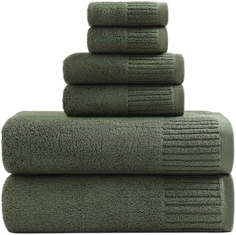 YTYC 27.5x55 Inches Luxury Bath Towels Set of 6 Large, 100 Percent Cotton 650GSM Super Absorbent Soft Shower Towels for Bathroom (Olive Green,6 PCS)
