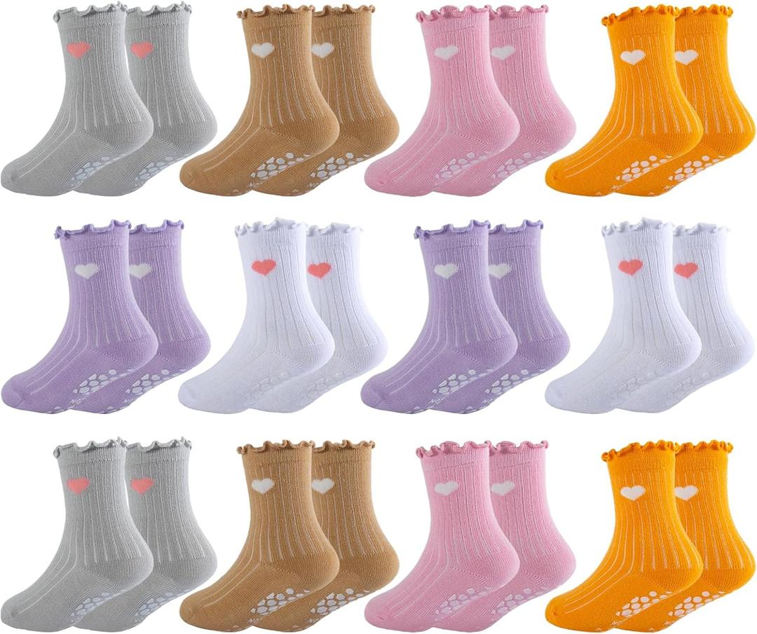 Toddler Girls Ruffle Socks Non Slip Grip Heart Frilly Socks Cute Cotton Grippy Dress Crew Socks for Kids 12 Pairs