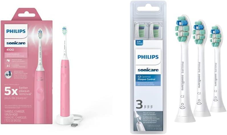 Philips Sonicare 4100 Electric Rechargeable Power Toothbrush, Pink, with Genuine Philips Sonicare Optimal Plaque Control Replacement Toothbrush Heads, White, 3 Pack