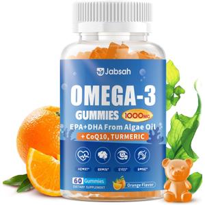 Vegan Omega-3 Gummies 1000mg from Algae Oil (DHA 460mg & EPA 230mg), Omega 3 Fish Oil Alternative for Adults, Plus Turmeric & CoQ10 for Brain, Eye & Immune Health, No Fishy Taste, Sugar Free, 60 Cts,Exp Date: 01/27/2028