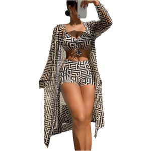 WDIRARA Women's 3 Pieces Bikini Set Geo Print Bathing Suit Drawstring Swimsuit with Cover Ups Kimono (Large, Multicolor)