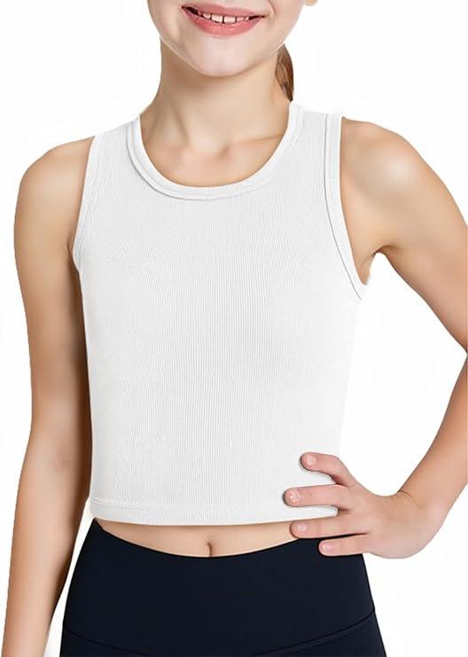 Haloumoning Girls Tank Tops Kids Athletic Ribbed Knit Sleeveless Crop Tops Basic Camisole 5-14 Years (7-8 Years, White)
