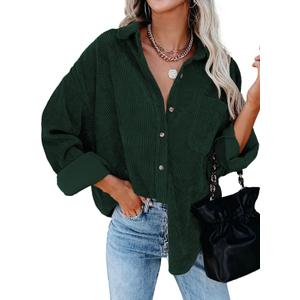 Dokotoo Women's Corduroy Button Down Shirts Boyfriend Long Sleeve Oversized Blouses Tops (Medium, 1 Green01)