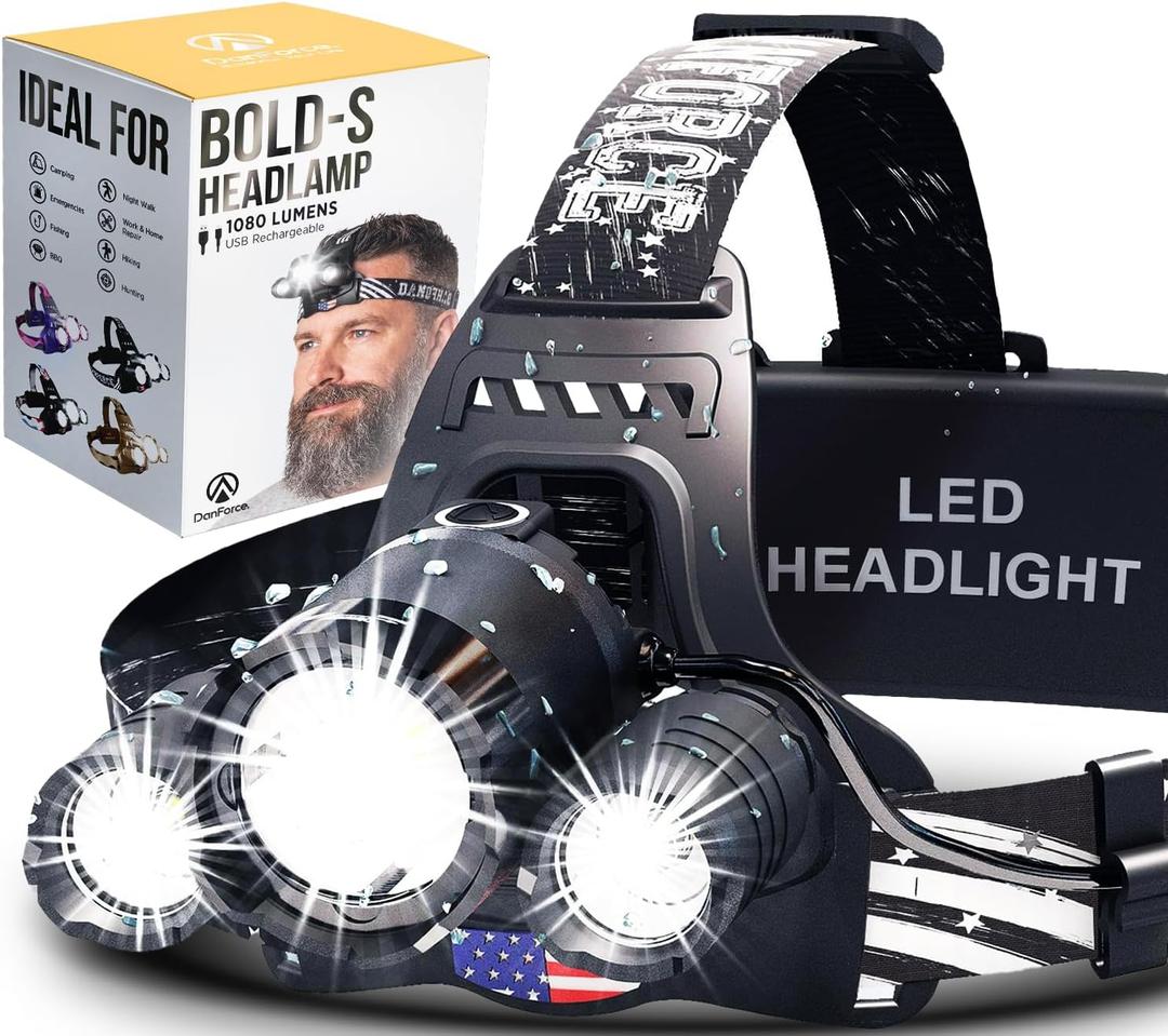 DanForce Headlamp. USB Rechargeable LED Head Lamp. Ultra Bright LUMINUS 1080 Lumen Headlamp Flashlight + Red Light. HeadLamps for Adults, Camping, Outdoors & Hard Hat Light. Zoomable IPX54 Headlight (Pluto)