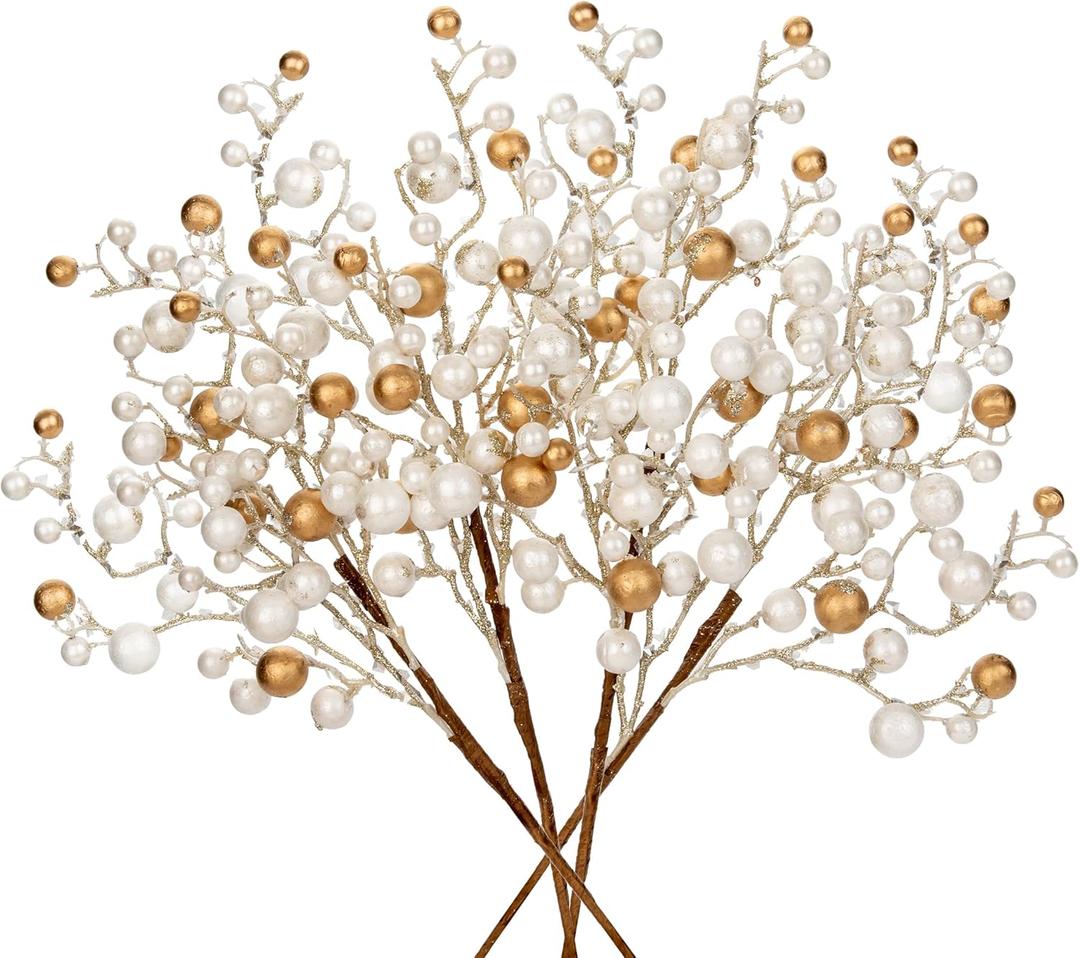 Hollyone 4 Pack Artificial Christmas Glitter Berries Stems, 19 Inch Fake White and Gold Holly Berry Picks with Ice Snow for Christmas Tree Wreath Floral Arrangements Holiday Home Vase DIY Crafts Decor