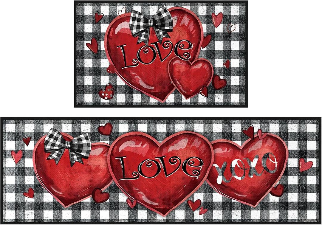 Bencailor Valentine Day Kitchen Mats Red Heart Welcome Door Rug Non Slip Washable Decorative Doormat Absorbent Carpet Floor Mat for Indoor Outdoor Home Front Door Bathroom Decor(Vintage)
