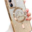 for Samsung Galaxy S23 Plus Case Magnetic,for Women Girl Soft Cute Luxury Love Heart Plating Bling Gradient Glitter Phone Case Compatible with MagSafe Clear Shockproof Back Cover 6.6-Gold