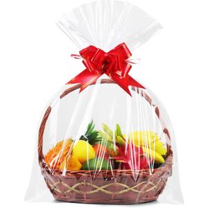 JOYIT 10 Pack Large Cellophane Bags - 3 Mil Thicker Clear Wrap with Strings for Gift Baskets, Opalion Bags with Red Ribbons
