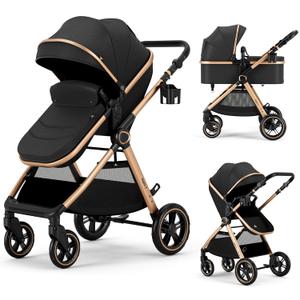 2 in 1 Baby Stroller, Convertible Bassinet Pushchair for Infants and Newborns 0-36 Months (Gold)