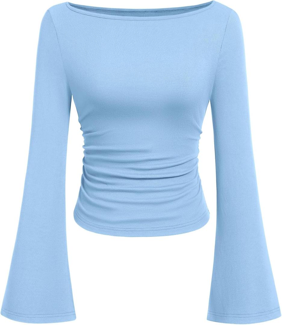 PRETTYGARDEN Womens Long Sleeve Shirts 2026 Spring Crop Going Out Tops Casual Boat Neck Bell Sleeve Ribbed Ruched Y2K Clothes (Medium, Sky Blue)
