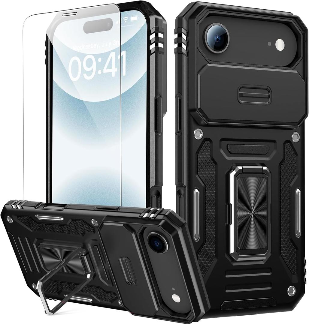 Goodon for iPhone Air Case with Sliding Camera Cover + Screen Protector - Magnetic Rotated Ring Kickstand - Military-Grade Shockproof Protective Phone Cover for iPhone 17 Air for Men Women - Black