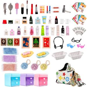 87Pcs Dollhouse Miniature Bathroom Accessories Cosmetic & Toilet Pretend Play Mini Makeup Set with Shampoo Perfume Hair Dryer Comb Purse Decor DIY Doll Backpack Glasses Photo Frame Salon Spa