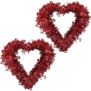 16 Inch Valentine Heart Shaped Wreaths Red Tinsel Heart Shaped Wreaths with Foil Hearts Love Hanging Sign for Valentine's Day Wedding Front Door Wall Window Mantel Decor (2)