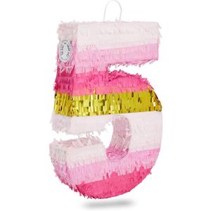 Number 5 Pinata, Pink and Gold Foil for Girls 5th Birthday Party Decorations (Small, 16.5 x 11.6 x 3 In)