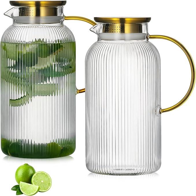 Buaic 2 PACK Glass Pitcher with Lid, 68 oz/ 2 Liter Classic Vertical Stripes Water Pitcher with Handle,Glass Water Carafe for Cold Brew, Coffee, Lemonade, Iced Sun Tea,Beverage,Heat Resistant