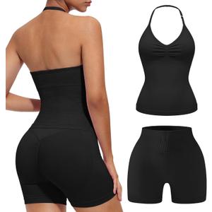 2 Piece Workout Sets for Women Halter Neck Tank Top Macthing High Waist Scrunch Butt Shorts Sets Gym Outfits, Small