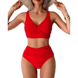 Fanuerg Women High Waisted Bikini Sets V Neck Cross Twist Front Two Piece Swimsuit Tummy Control Bathing Suit Rose Red M