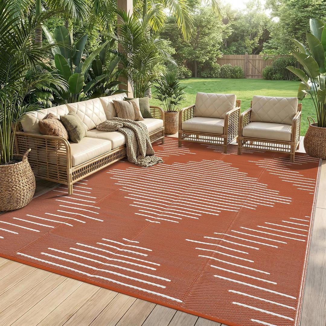 Garvee Area Rug 8x10 Waterproof Outdoor Rugs for Patio Plastic Reversible Rugs Easy-Cleaning Large Floor Mat for Outdoors Backyard Porch RV Beach Picnic Terracotta White