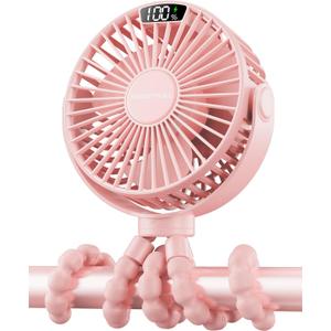 SWEETFULL Portable Stroller Fan with Display 4000mAh Battery Powered Mini Clip On Fan, 4-Speed Rechargeable Small Personal Cooling for Baby Car Seat Crib Travel - Pink