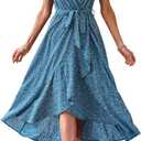 PRETTYGARDEN Women's Summer Floral Boho Dress Wrap V Neck Short Sleeve Ruffle A-Line Flowy Maxi Wedding Guest Dresses (Print Blue, Medium)