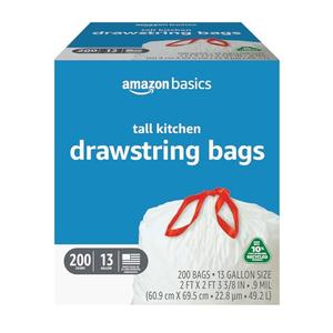 13 Gallon Tall Kitchen Drawstring Trash Bags, White with Red Drawstring, 10% Post Consumer Recycled, 200 Count