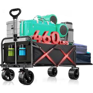 240L Capacity Foldable Wagon with Brakes, 49" Extra Long Extender Wagon Cart 460lbs Heavy Duty Collapsible Utility Cart with All-Terrain Big Wheels for Camping, Shopping, Beach