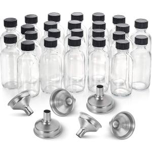 24 Pack, 2 oz Small Clear Glass Bottles w/ Lid & 6 Stainless Steel Funnels - 60ml Boston Sample Bottles - Mini Travel Essential or Decorative Bottles for Potion, Juice, Wellness, Ginger Shots, Whiskey