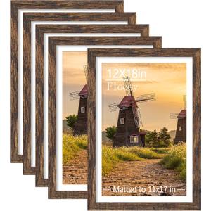 12x18 Picture Frame Set of 5, Rustic Brown Poster Frame, Display Pictures 11 x 17 with Mat or 12 x 18 Without Mat for Horizontal or Vertical Wall Mounting, Wall Gallery Frame, 12x18 - 5 PACK