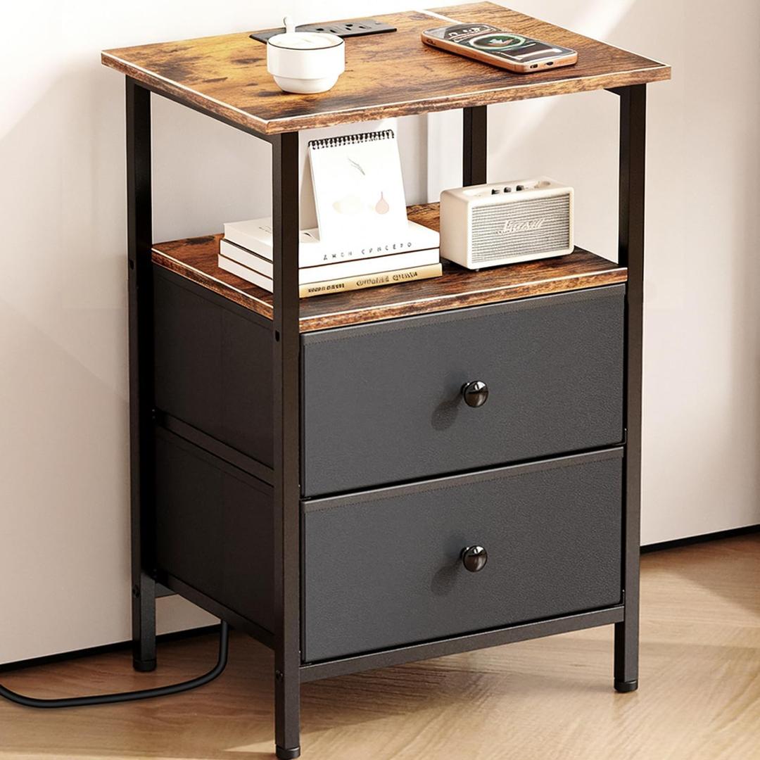 Nightstand with Charging Station, Bedside End Table with 2 Fabric Drawers for Bedroom, Side Table with USB Ports and Outlets (Brown Black)