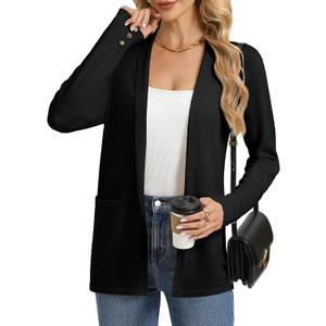 GRACE KARIN Long Cardigans for Women, Long Sleeve Open Front Cardigan Sweaters, Lightweight Spring Jacket with Pockets (Black, L)