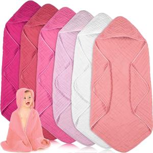 Peryiter 6 Pcs Muslin Hooded Baby Towels,32"x 32" Cotton Newborn Bath Towel Muslin Infant Baby Blankets Absorbent Unisex Newborn Registry Gift for Girls Boys (Pink) (Pink)