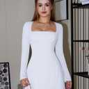 DAAWENXI Women's Casual Square Neck Mini Dress Long Sleeve A line Party Club Short Dress (White, M)