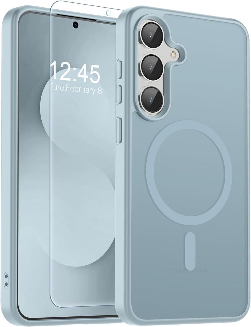 SUPFINE Magnetic for Samsung Galaxy S25 FE Case with Screen Protector,(Compatible with MagSafe)(Military Grade Drop Protection) Slim Translucent Shockproof Phone Case,Sliver Blue