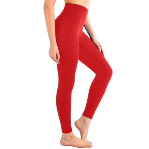 Leafigure High Waisted Leggings for Women- Soft No See-Through Yoga Pants for Gym Workout Running Red, L-XL