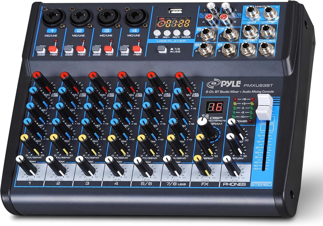 Pyle Professional Audio Mixer Sound Board Console Desk System Interface 8 Channel Digital USB Bluetooth MP3 Computer Input 48V Phantom Power Stereo DJ Studio FX 16Bit DSP Processor Pyle PMXU83BT, Black