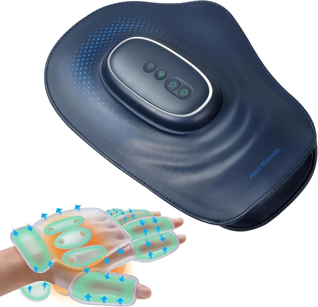 Portable Hand and Wrist Massager with Heat and Compression, 3 Modes, 3 Intensities and 3 Temps (100F116F), for Palm & Fingers, Rechargeable, Home, Office, Travel (Blue)