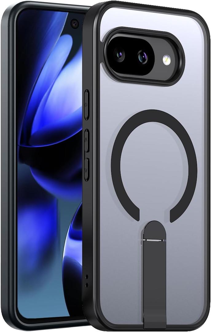 Magnetic for Google Pixel 9a Case with Stand (Compatible with MagSafe)(Military Grade Drop Protection) Slim Translucent Matte Shockproof with Invisible Kickstand Phone Case, Black