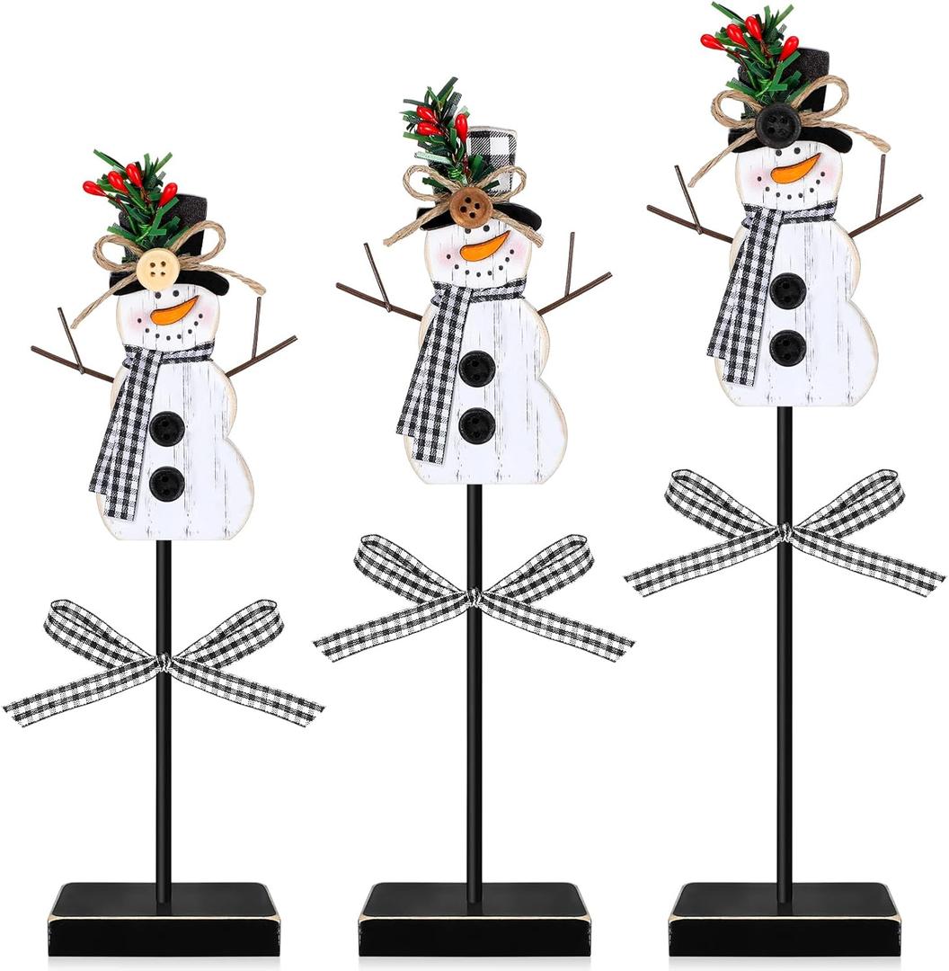 Geetery 3 Pcs Snowman Decor Winter Table Decorations Snowman Wooden Centerpieces for Tables Indoor Rustic Wooden Block Sign Tabletop Decoration for Home Kitchen Office(Cute)