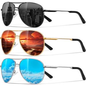 Eiuizah Polarized Aviator Sunglasses for Men Women- Classic Sun Glasses for Driving Fishing with UV Protection (A1(3 Pack) Black/Ice Blue/Red)