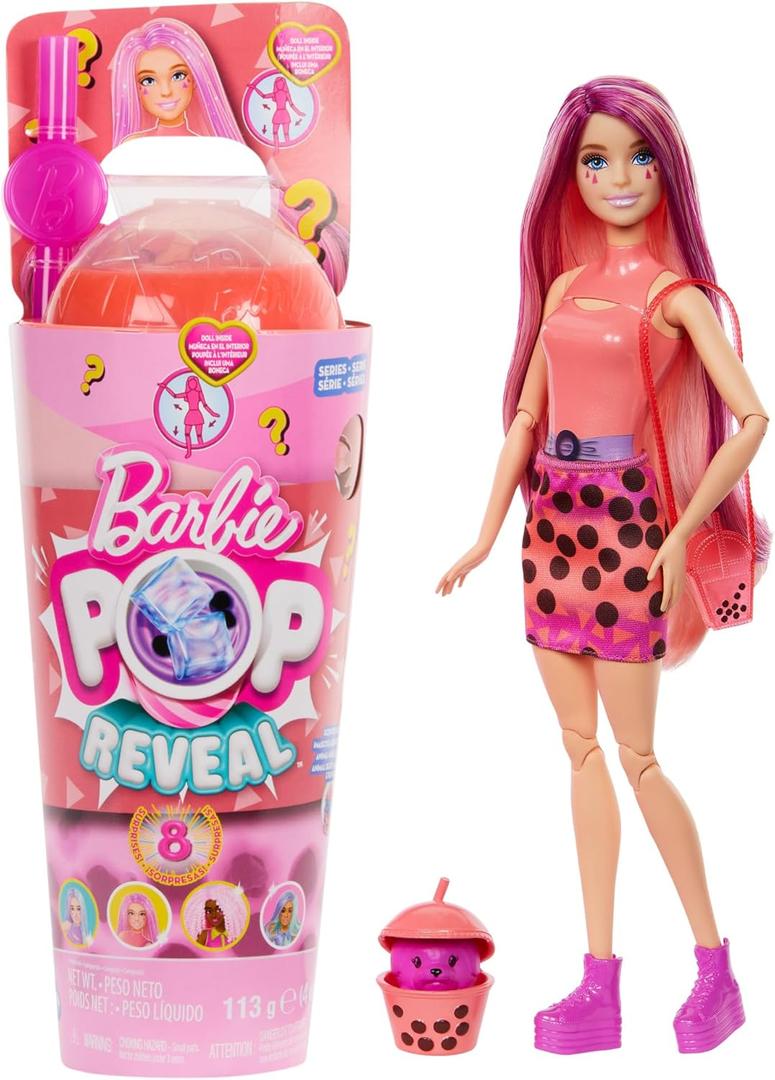 Barbie Pop Reveal Bubble Tea Series Doll & Accessories with Pet, 8 Surprises Include Color Change, Cup with Storage