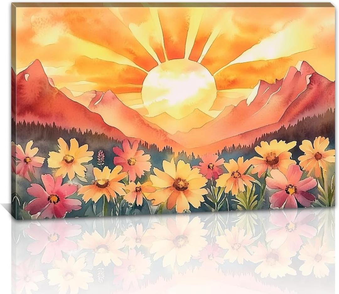 Boho Sun Wall Art Abstract Bohemian Sunset Picture Prints Watercolor Mountain Landscape Paintings Wildflowers Canvas Poster for Living Room Bedroom Farmhouse Decor Framed(Sun,16.00" x 24.00")