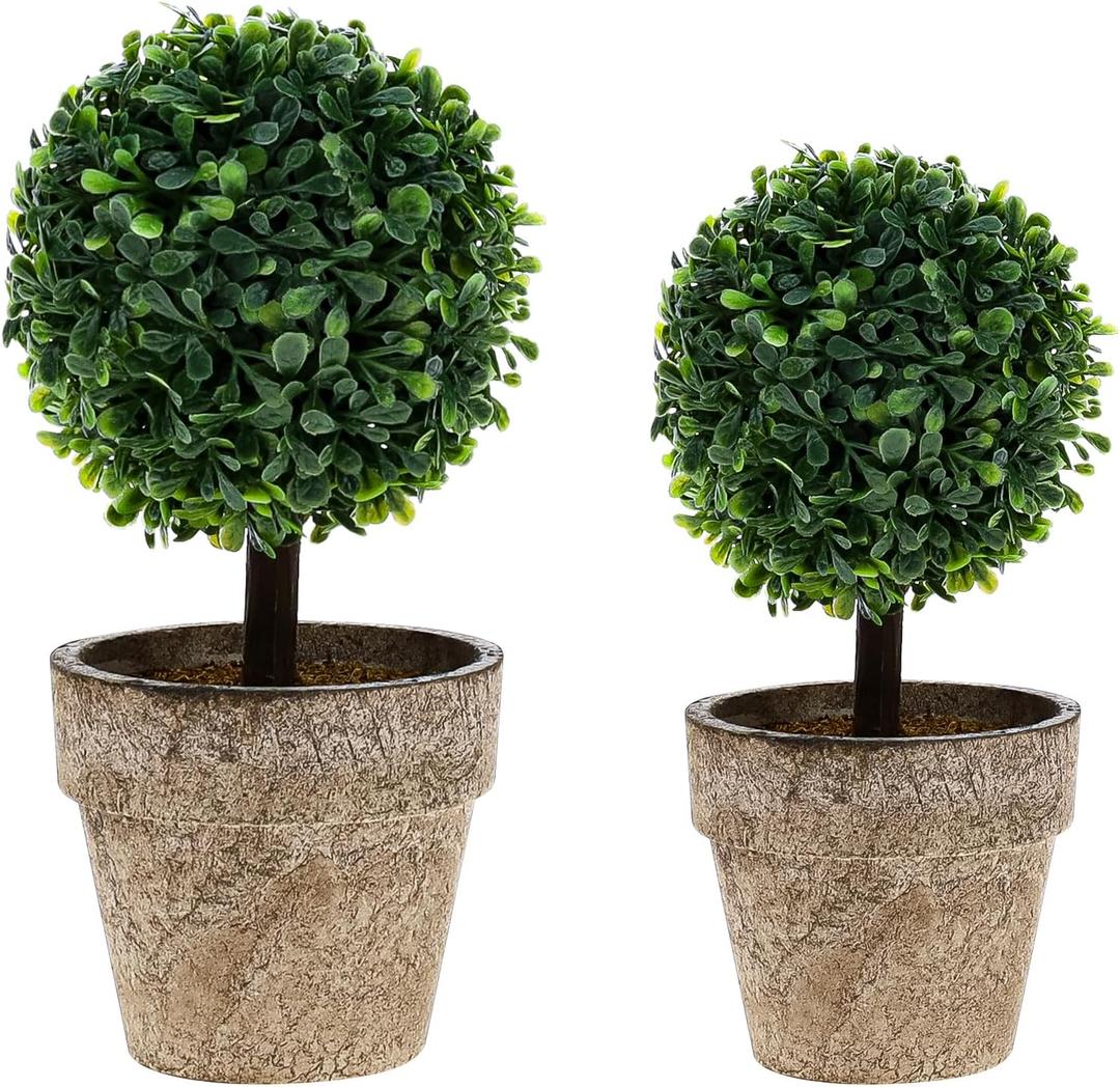Woration Artificial Green Grass Ball Potted Fake Shrubs Big & Small Ball Plant Decoration Faux Small Boxwood Topiary Home Office Desk Table Room, 2 Pack