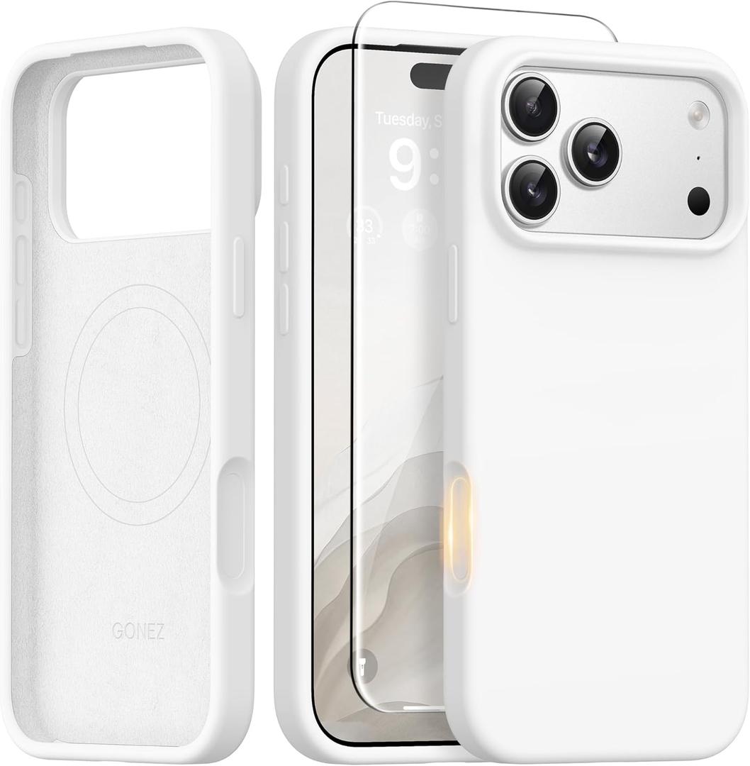 GONEZ Magnetic for iPhone 17 Pro Max Case, [Compatible with MagSafe] Anti-Scratch Microfiber Lining & Screen Protector, Silicone Camera Control, Shockproof Slim Phone Cover 6.9 inch, White