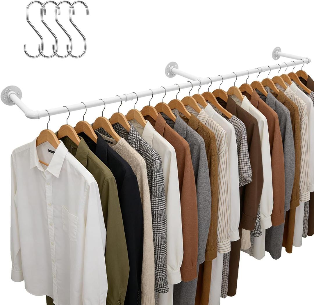 Aduanbang 65.7in Industrial Pipe Wall Mounted Clothes Rack, Heavy Duty Detachable Iron Garment Bar, Rustic Space-Saving Hanging Rod for Bedroom, Closet  White,4 hooks (1)