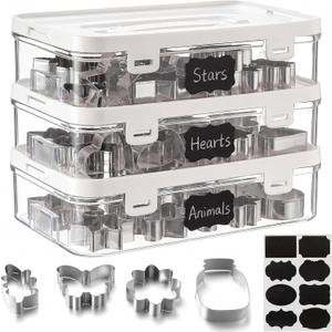 3 Pack Cookie Cutter Storage, Transparent Cookie Cutter Organizer with a Sticker, Baking Storage Containers, Cover to Prevent Dust, Can Be Used Alone or Hidden for Stacking(No Cutters)